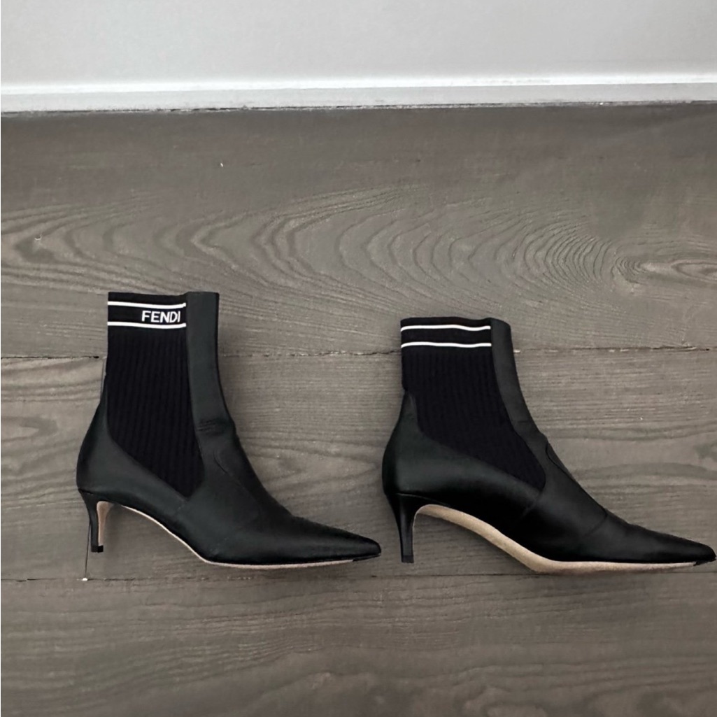 Fendi Black Leather Sock Ankle Boots With Logo Cuff